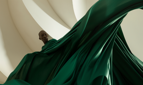 Girl wearing a green silk dress