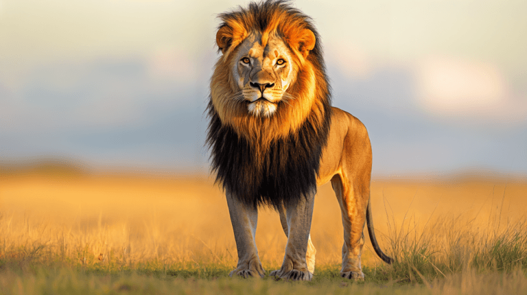 Lion stands in a savanna landscape