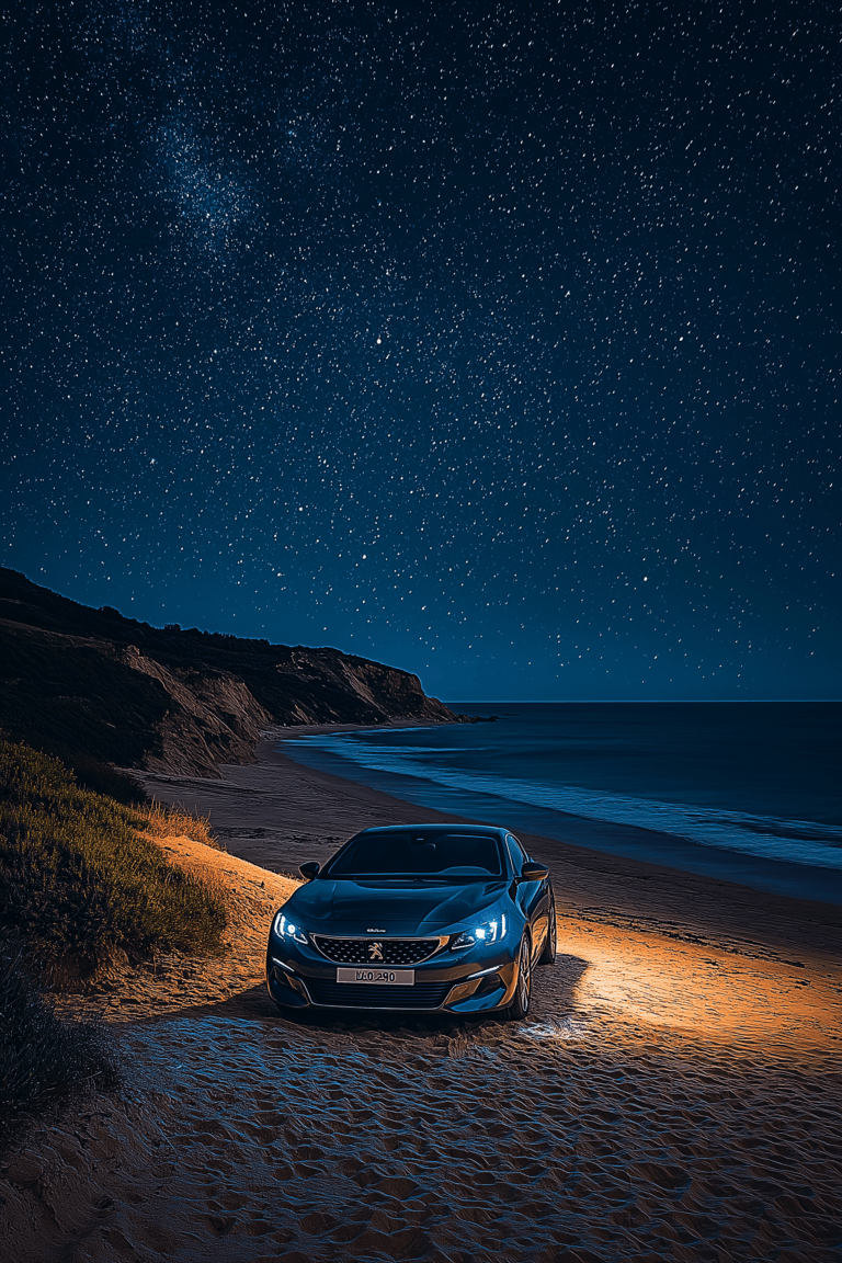 Car on a sandy beach at night