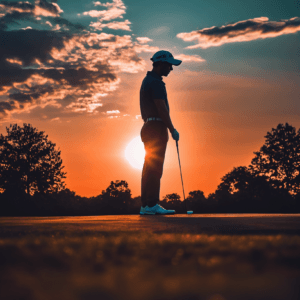 Golfer standing at sunset