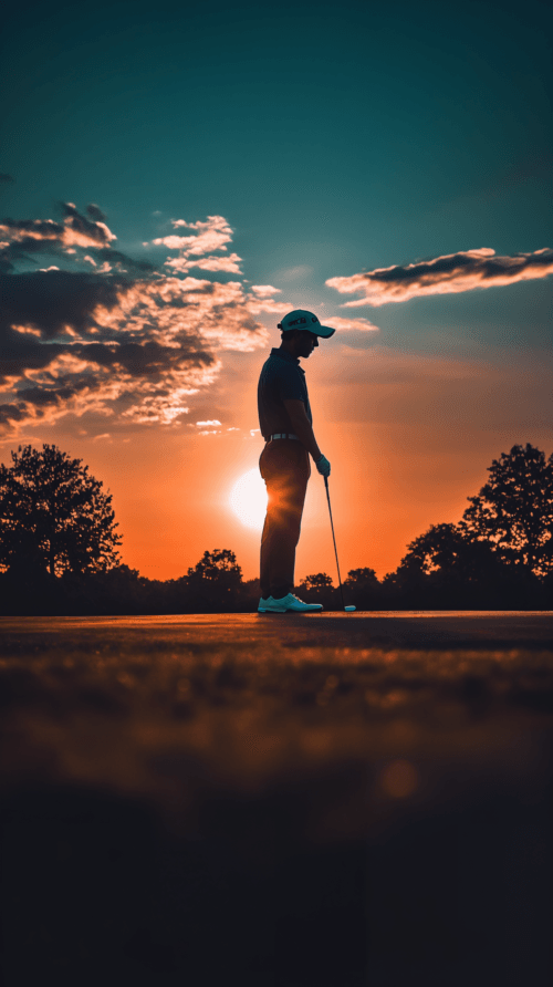 Golfer standing at sunset