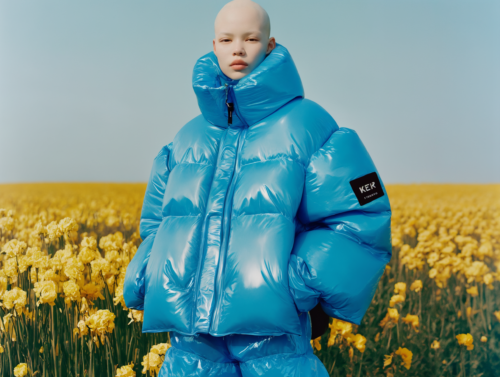 Vogue-style fashion photography of an albino