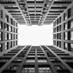 a multi condo building in a black and white minimalist style