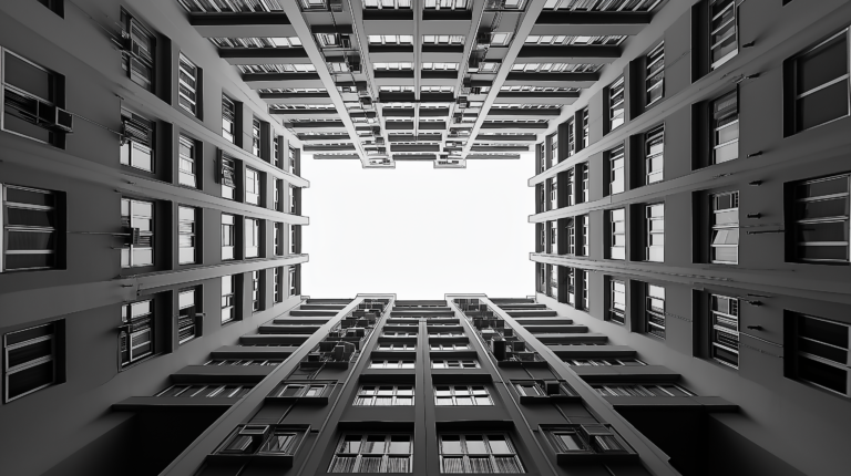 a multi condo building in a black and white minimalist style