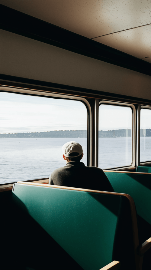 Man sitting on a boat, looking out the window at the water