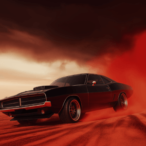 black car speeding through a desert