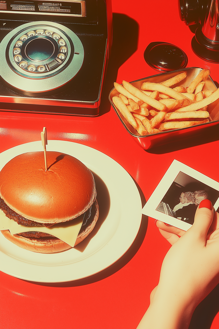 retro-themed red desk featuring a vintage polaroid and burger