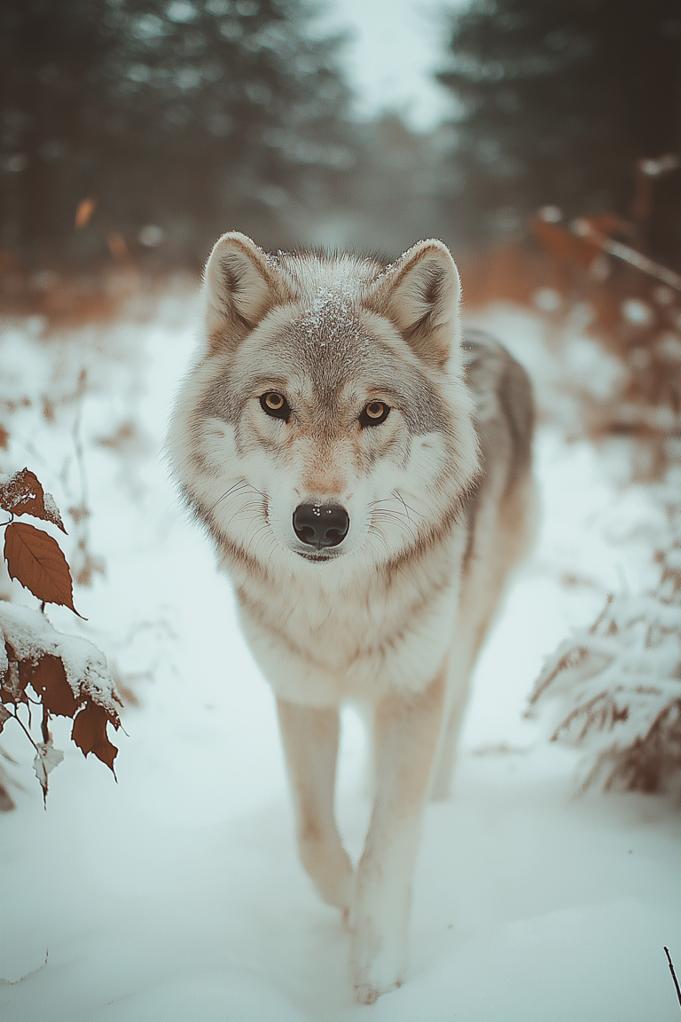 Wolf walking in the snowy woods