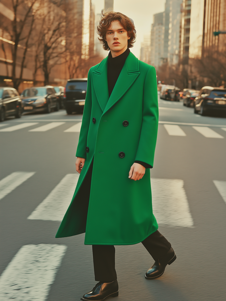 Model a crossing street wearing a green coat